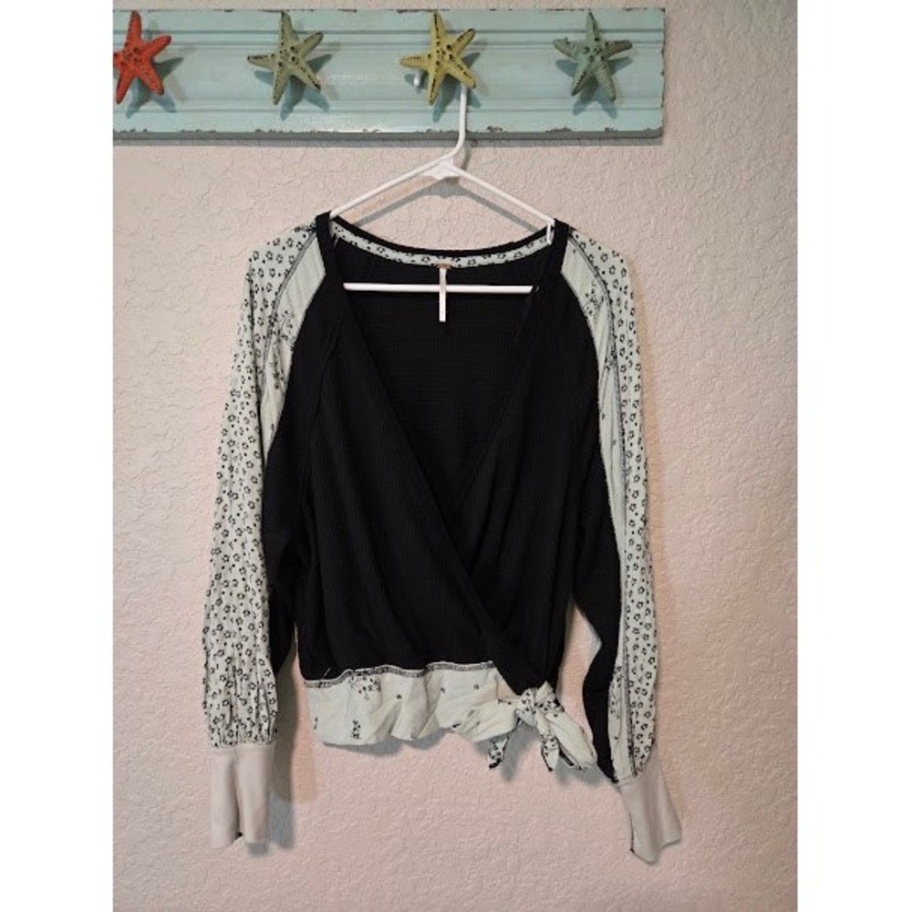Free People Black Waffle Knit Floral Wrap Top Mint Green Long Sleeve OB858078 S